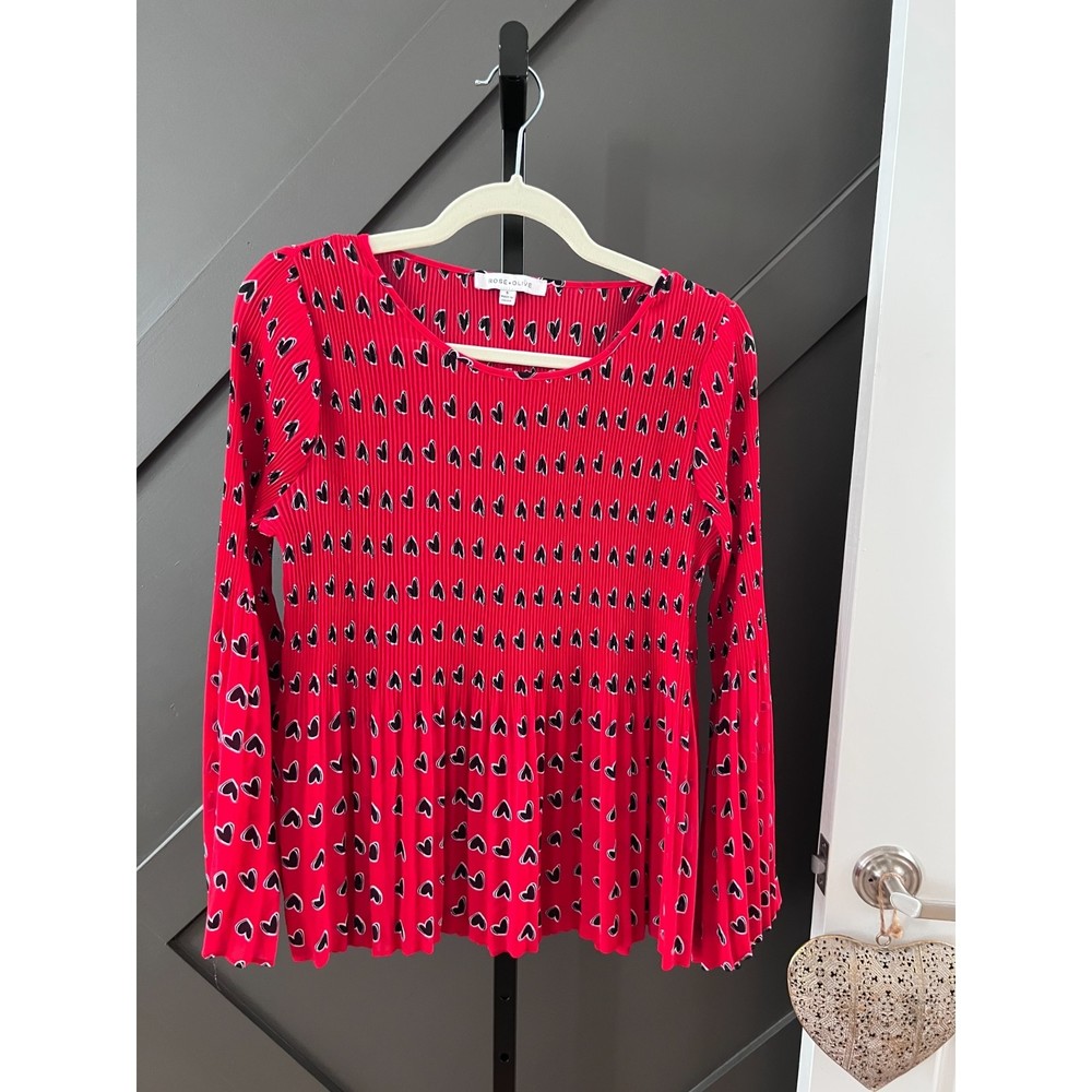 Rose + Olive Red and Black Heart Flare Sleeve Blouse S